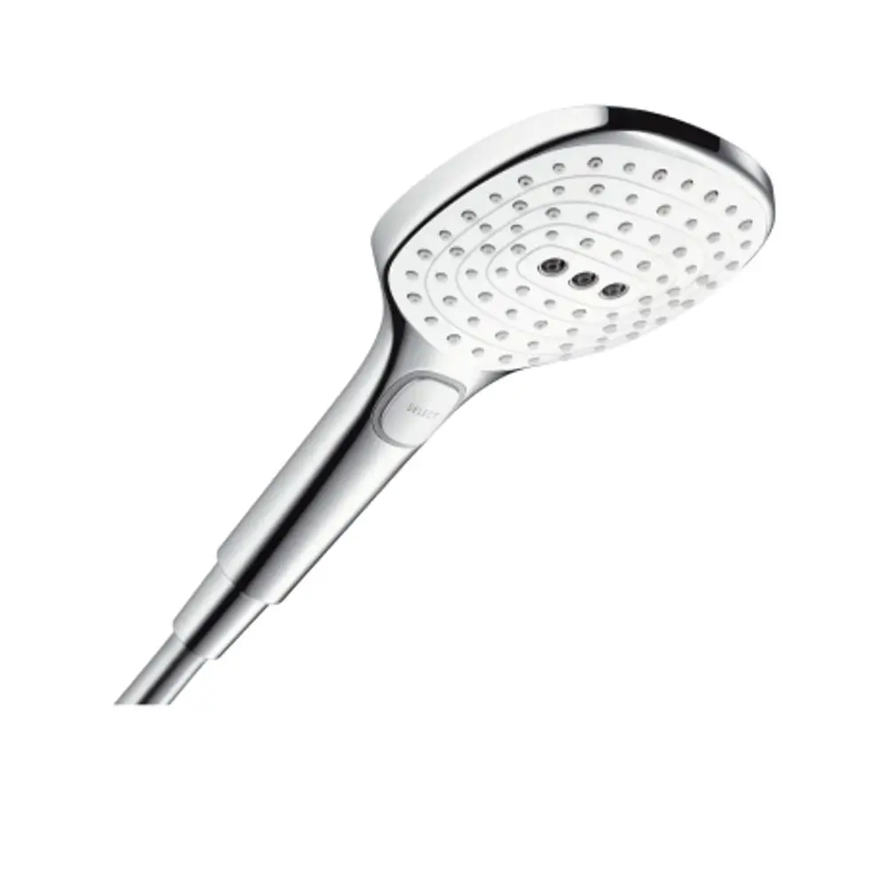 Hansgrohe Handbrause mit flachem, rundem Kopf und mehreren Düsen, ausgestattet mit einem Druckknopf zur Auswahl der Strahlarten, in Chrom und Weiß.